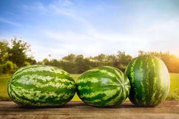 Big watermelons on wooden table