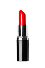 Obraz premium Lápiz labial rojo sobre un fondo blanco aislado. Vista de frente y de cerca. Macro. Formato vertical
