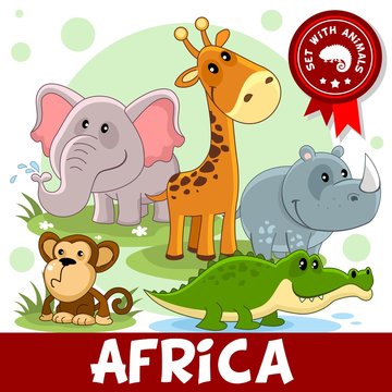 A set of cartoon animals that live in Africa for children or for design. The image of an elephant, giraffe, crocodile, rhinoceros and monkey.