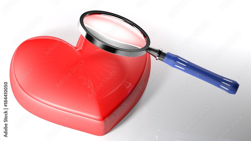 Poster magnifier on red heart - 3d rendering