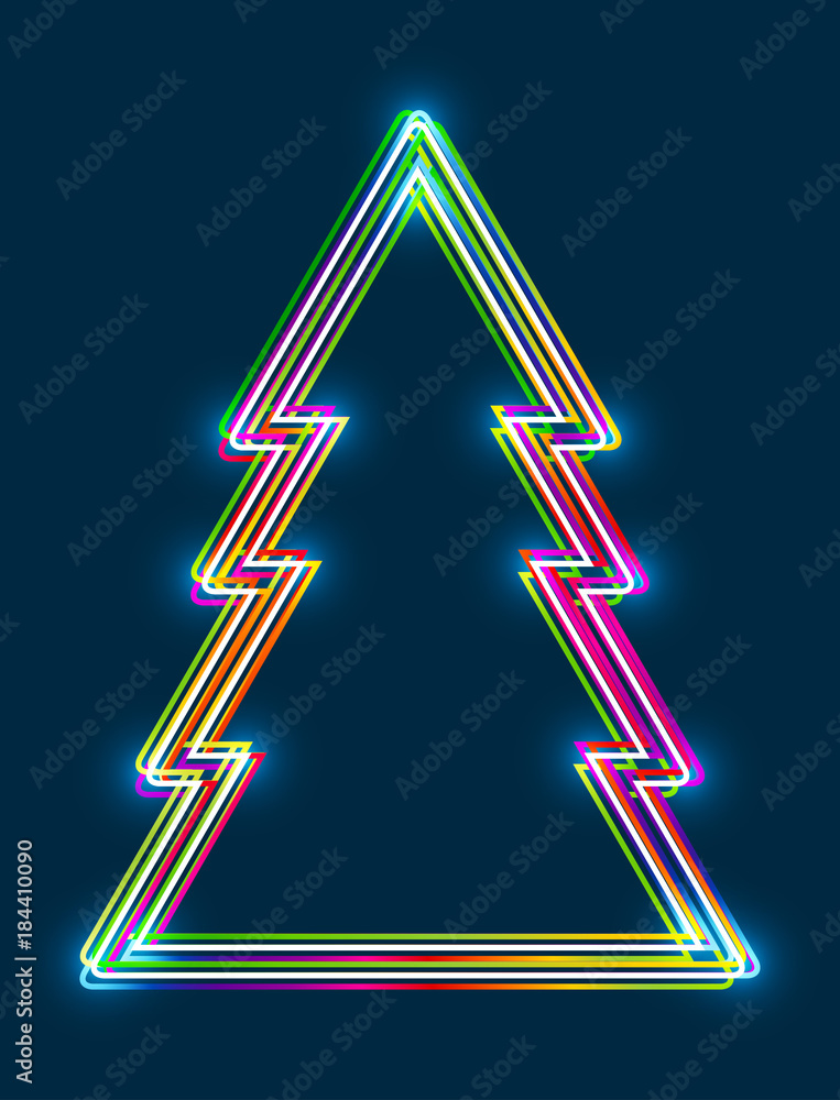 Poster Vector abstract colorful Christmas tree consisting of multicolored outlines with glowing light effect on dark blue background