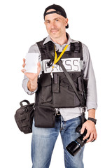 military press photographer with a professional camera. Isolated on white background