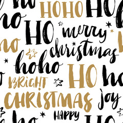 Merry Christmas hand drawn seamless background with calligraphy. Handwritten modern brush lettering. Dry brush and rough edges ink doodle illustration. Abstract vector pattern.