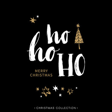 Merry Christmas greeting card with calligraphy. Hoho. Handwritten modern brush lettering. Hand drawn design elements.