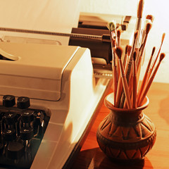 Typewriter. romance. Brushes for drawing. Art. Candle. Card