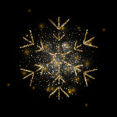 Sparkling golden snowflake with glitter texture for Christmas, New Year greeting card.