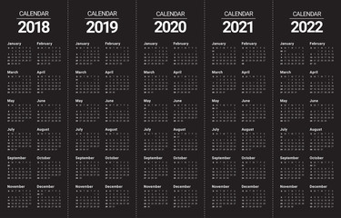 Year 2018 2019 2020 2021 2022 calendar vector