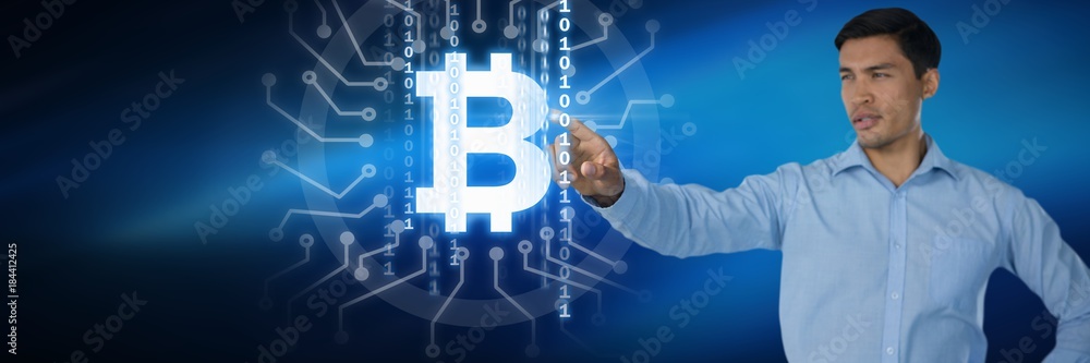 Wall mural Businessman pointing touching bitcoin graphic icon