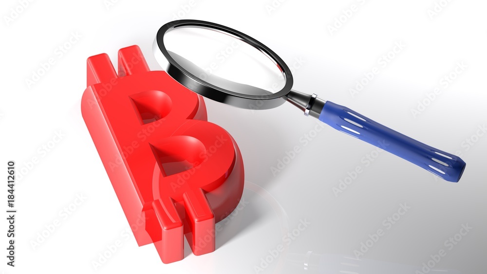 Aufkleber magnifier on red bitcoin symbol - 3d rendering