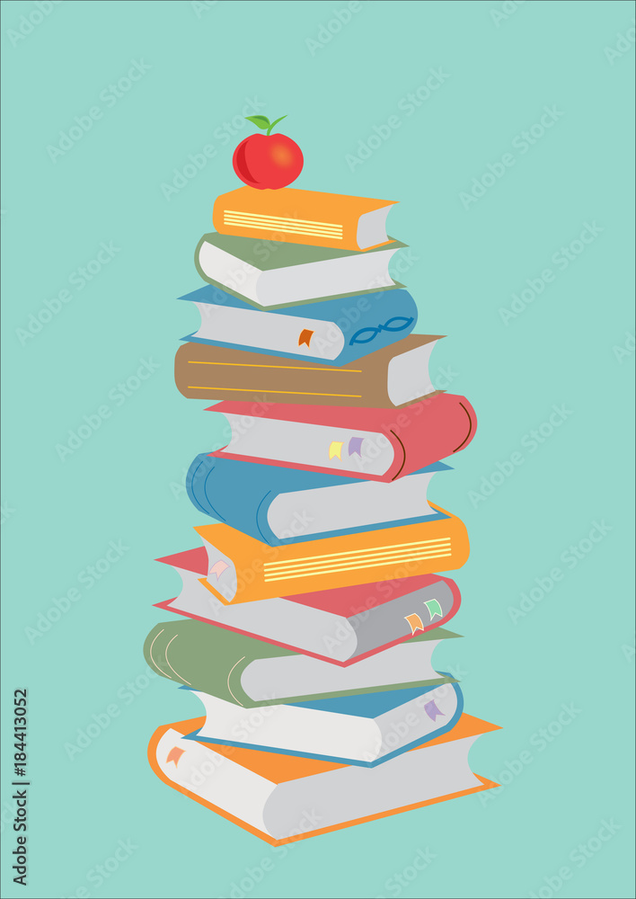 Wall mural Books stacking. Open book, hardback books on Green background. Back to school. Copy space for text. Illustration.