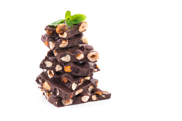 Dessert chocolate piece with nuts isolated