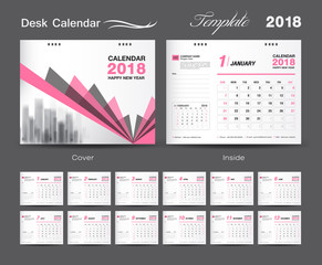 Set Desk Calendar 2018 template design, Pink cover, Set of 12 Months, Week start Sunday