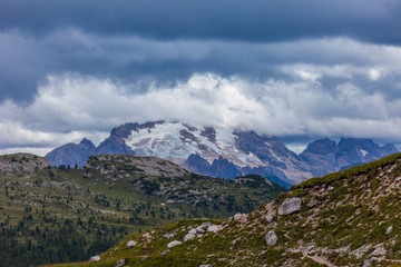 Fototapeta na wymiar Marmolada massif cloudy panorama, Dolomites, Italy