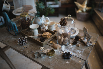 home handmade Christmas decor with gifts Christmas decoration on the wooden vintage background