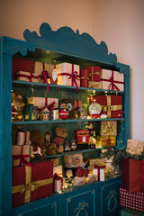 home handmade Christmas decor with gifts Christmas decoration on the wooden vintage background