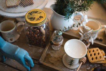 home handmade Christmas decor with gifts Christmas decoration on the wooden vintage background