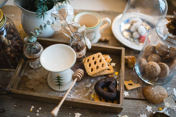 home handmade Christmas decor with gifts Christmas decoration on the wooden vintage background