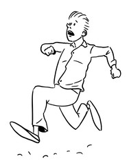 Man in his pants and shirt is running. Side view.