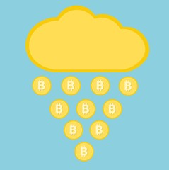 golden cloud and falling rain of bit coin on a blue background