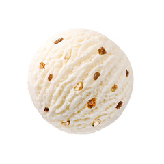 Creamy vanilla ice cream scoop with raisins nuts pieces, White chocolate milk ice-cream ball with dried fruits nuts