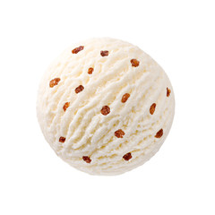 Creamy vanilla ice cream scoop with raisins pieces, White chocolate milk ice-cream ball with dried fruits