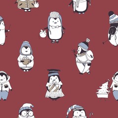 Seamless pattern with funny baby penguins wearing various winter clothes on red background. Backdrop with cartoon antarctic birds dressed in outerwear. Vector illustration for wallpaper, fabric print.