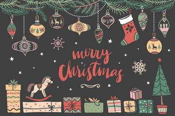 Christmas hand drawn design elements with calligraphy. Handwritten modern brush lettering.
