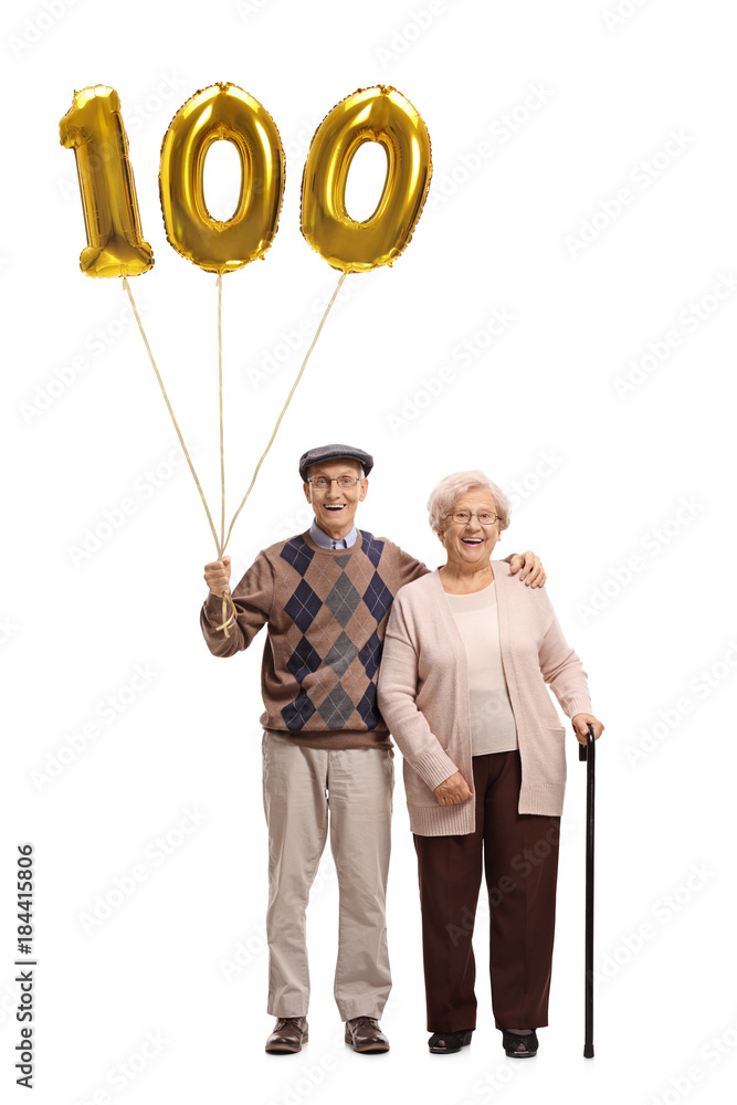 Sticker elderly couple with a golden number hundred balloon