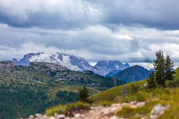 Fototapeta na wymiar Marmolada massif cloudy panorama, Dolomites, Italy