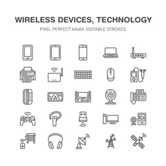 Wireless devices flat line icons. Wifi internet connection technology signs. Router, computer, smartphone, tablet, laptop, satellite. Vector linear illustration electronic store. Pixel perfect 64x64.