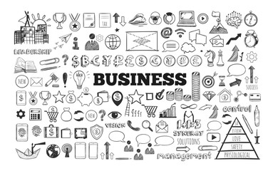 Big set of Business Icons. Vector hand drawn isolated objects. Sketch style