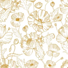 Fotobehang Klaprozen Botanische naadloze patroon met prachtige bloeiende wilde papaver bloemen hand getekend met gele contourlijnen op witte achtergrond. Natuurlijke vectorillustratie voor textieldruk, behang, inpakpapier.