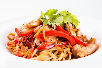 Italian pasta with chicken and peppers on a round plate on the white background (close top view)