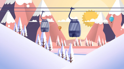 Cable Car Transportation Rope Way Over Mountain Hill Nature Winter Background Banner With Copy Space Flat Vector Illustration