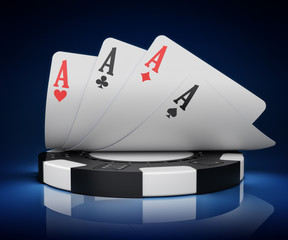 Casino icon and gambling concept, four aces over a black and white poker chip on blue background