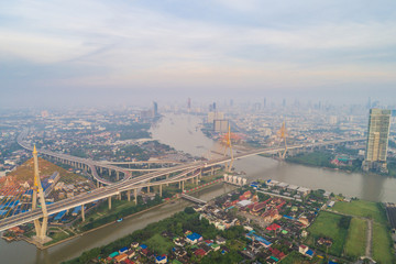 Landscape sunrise view of Bhumibol Bridge building background