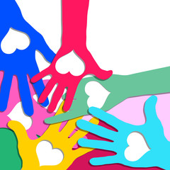 Hands in circle with hearts. Friendship concept, vector
