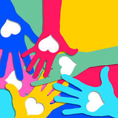 Hands in circle with hearts. Friendship concept, vector