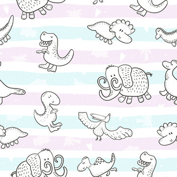 Cute seamless pattern with funny dinosaurs. vector illustration.