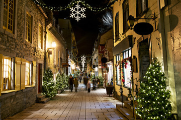 Fototapeta na wymiar Petit-Champlain at Lower Old Town Basse-Ville at night on christmas event