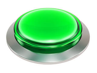 3d green shiny button. Round glass web icons with chrome frame on white background. 3d illustration