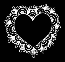 Decorative love frame composition with hearts, flowers, ornate elements in doodle style. Floral, ornate, decorative, tribal design elements. Black and white background. Zentangle coloring book page