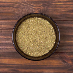Spice mix - dill, parsley, basil, marjoram, oregano, savory, ucco-suneli, bay leaf in a bowl