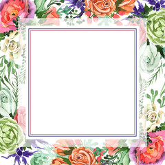 Bouquet flower frame in a watercolor style. Full name of the plant: rosa, hulthemia. Aquarelle wild flower for background, texture, wrapper pattern, frame or border.