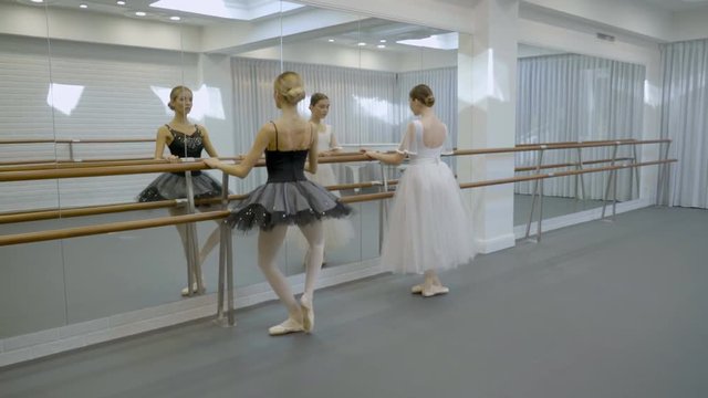 The two ballerinas do plie, goes left in releve position and turns right doing pour de bourree in the studio. The one lady wears black tutu and her colleague is in white dress. The dancers holds the