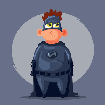 Kid wearing funny costume superhero. Cartoon vector illustration