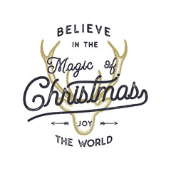 Christmas typography quote design. Believe in Christmas magic. Happy Holidays sign. Inspirational print for t shirts, mugs, holiday decorations, signage. Stock vector calligraphy isolated