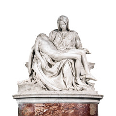 The Pieta, a work of Renaissance sculpture by Michelangelo Buonarroti isolated on white background. Famous work of art depicts the body of Jesus on the lap of his mother Mary after the Crucifixion  - obrazy, fototapety, plakaty