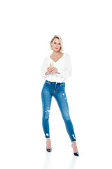 beautiful stylish woman holding champagne glass, isolated on white