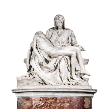 The Pieta, a work of Renaissance sculpture by Michelangelo Buonarroti isolated on white background. Famous work of art depicts the body of Jesus on the lap of his mother Mary after the Crucifixion 